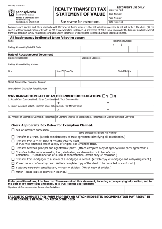 Fillable Form Rev183 Ex Realty Transfer Tax Statement Of Value
