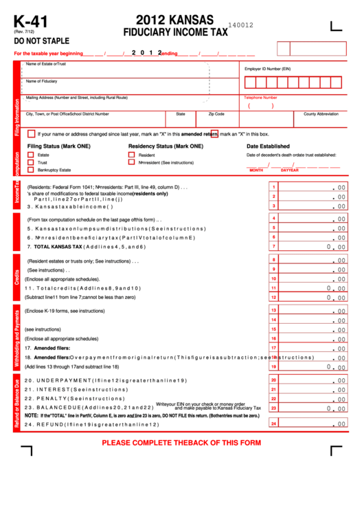 Fillable Form K41 Kansas Fiduciary Tax 2012 printable pdf