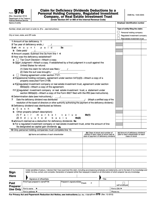 Fillable Form 976 Claim For Deficiency Dividends Deductions By A