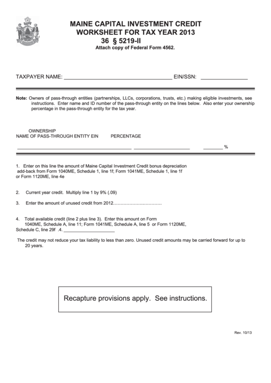 Maine Capital Investment Credit Worksheet Form 2013 printable pdf