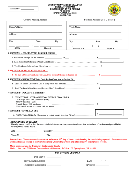 Monthly Remittance Of Meals Tax County Of Spotsylvania, Virginia