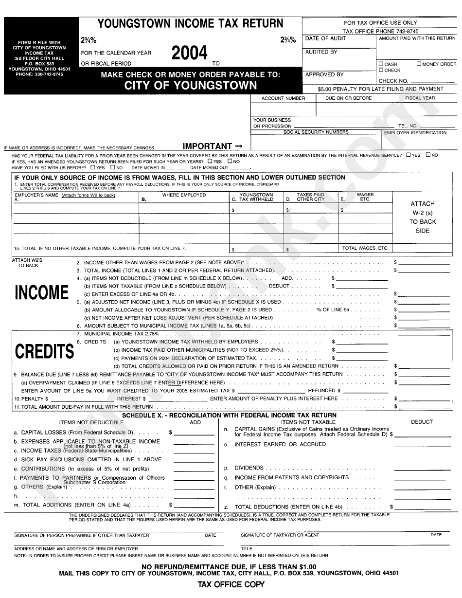 Youngstown Tax Return State Of Ohio 2004 printable pdf download