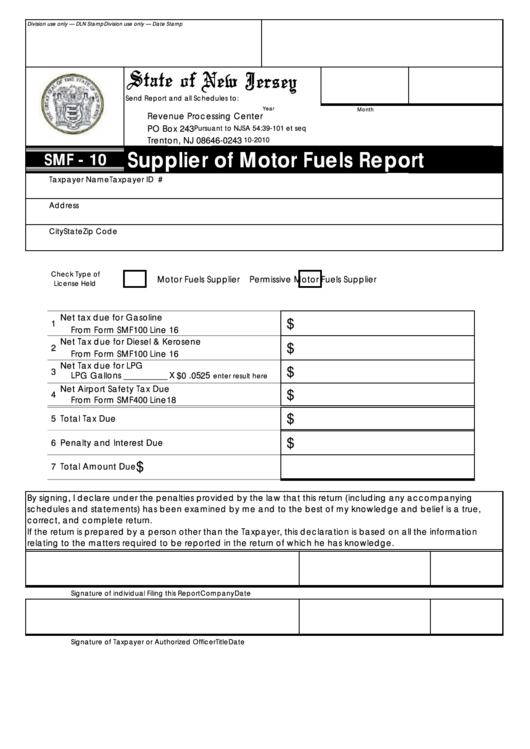 Fillable Form Smf10 Supplier Of Motor Fuels Report printable pdf