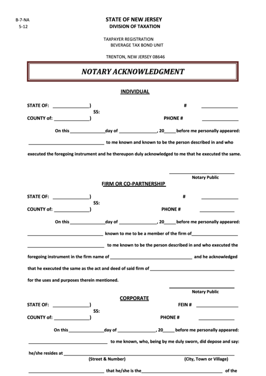 Form B7Na Notary Acknowledgment New Jersey Division Of Taxation