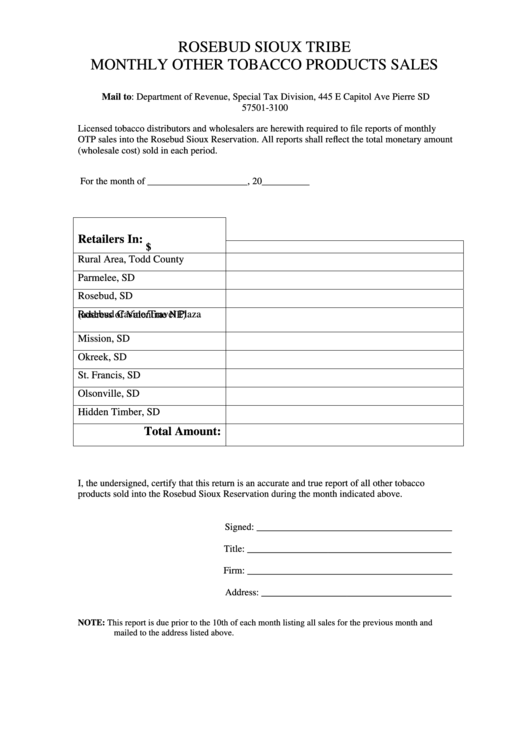 Rosebud Sioux Tribe Monthly Other Tobacco Products Sales Form printable