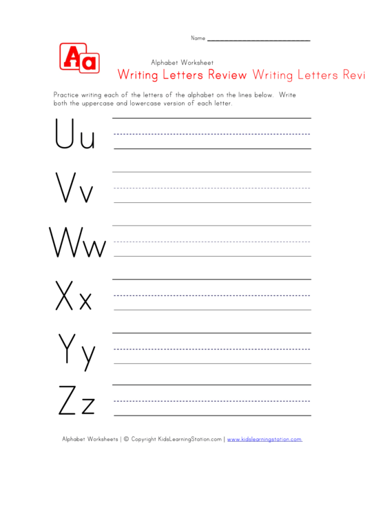 Alphabet Worksheet For Kids Writing Letters U, V, W, X