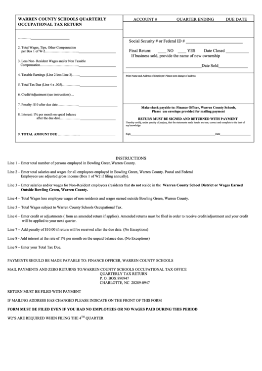 Warren County Schools Quarterly Occupational Tax Return Form printable
