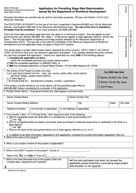 Fillable Form Erd5719 Application For Prevailing Wage Rate