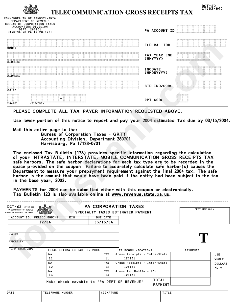 Form Dct62 Pa Corporation Taxes Specialty Taxes Estimated Payment
