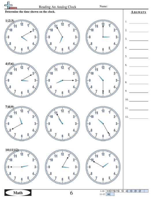 Reading An Analog Clock Measurement Worksheet With Answers printable