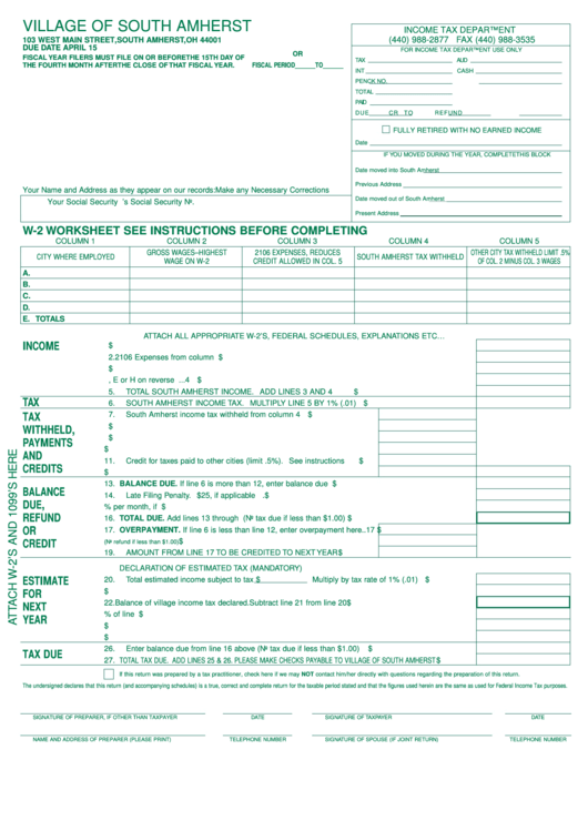 Fillable Worksheet W2 Wage And Tax Statement Village