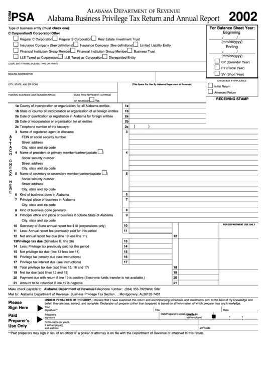 Form Psa Alabama Business Privilege Tax Return And Annual Report