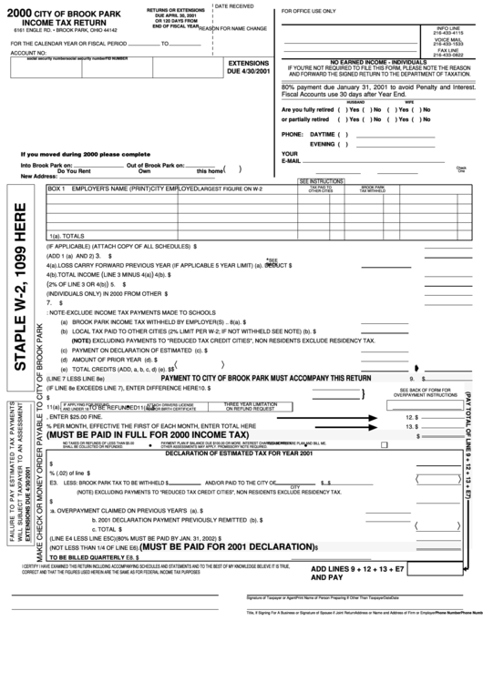 Form Tax Return City Of Brook Park 2000 printable pdf download
