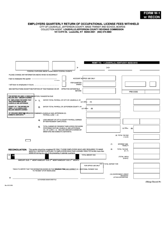 Form W1 Employers Quarterly Return Of Occupational License Fees Withheld printable pdf download