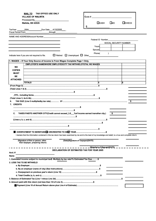 Declaration Of Estimated Tax For Year 2005 Village Of Malinta