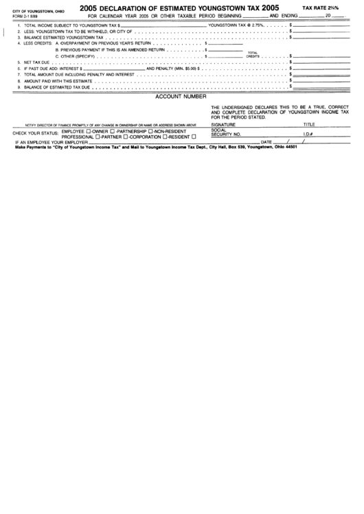 Form D1 Declaration Of Estimated Youngstown Tax 2005 printable pdf download