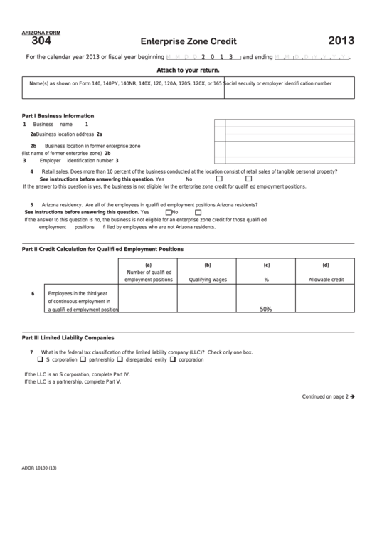Fillable Arizona Form 304 Enterprise Zone Credit 2013 printable pdf