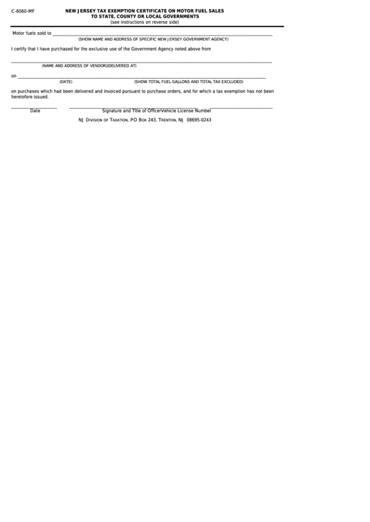 Fillable Form C6060Mf New Jersey Tax Exemption Certificate On Motor Fuel Sales To State
