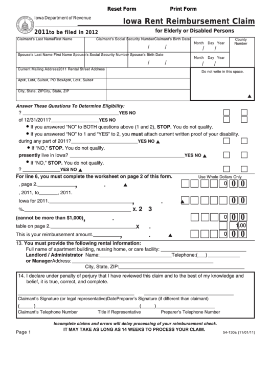 Fillable Form 54130 Iowa Rent Reimbursement Claim For Elderly Or