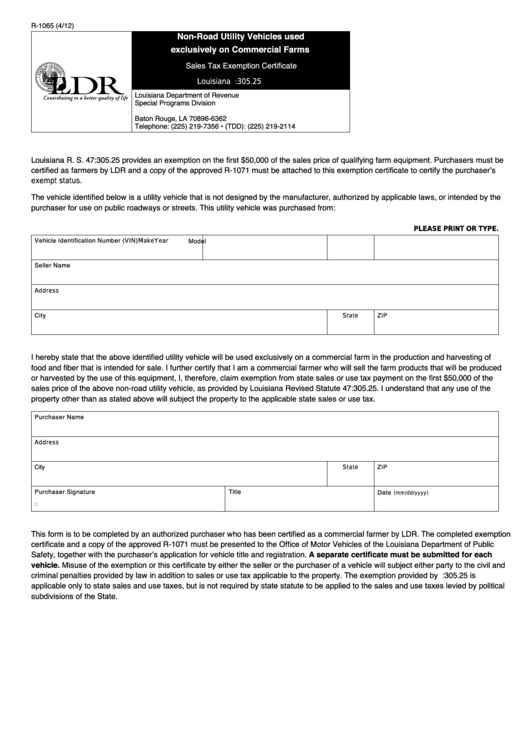 Fillable Form R1065 NonRoad Utility Vehicles Used Exclusively On Commercial Farms Sales Tax