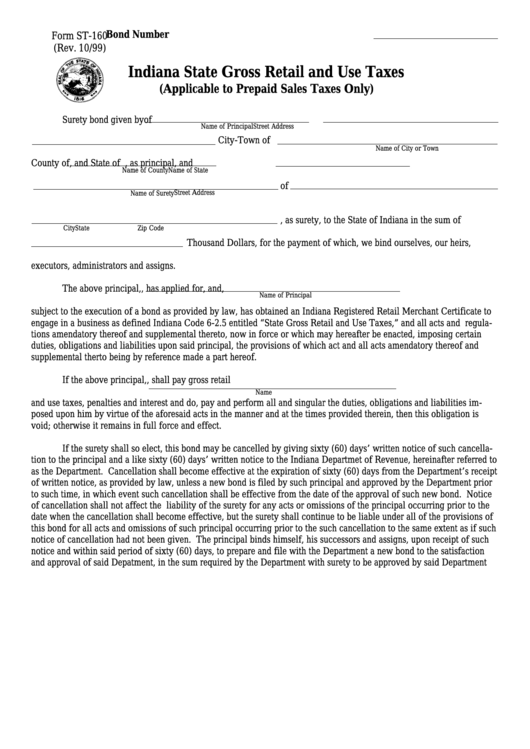 Form St160 Indiana State Gross Retail And Use Taxes printable pdf