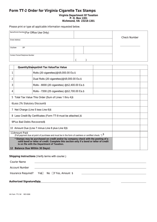 Fillable Form Tt2 Order For Virginia Cigarette Tax Stamps printable