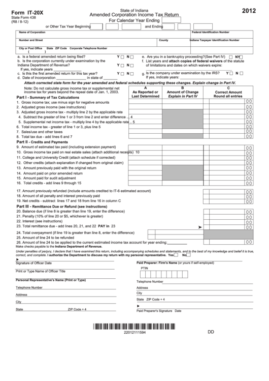 Form It20x Amended Corporation Tax Return 2012 printable pdf download
