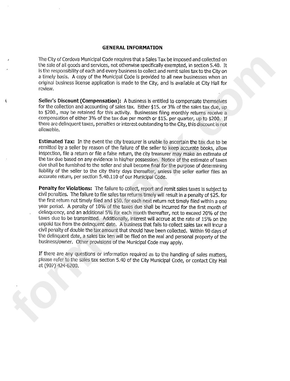 The City Of Cordova Sales Tax Instructions printable pdf download