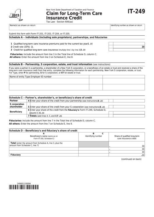 Fillable Form It249 Claim For LongTerm Care Insurance Credit 2013