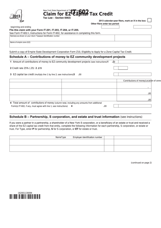 Fillable Form It602 Claim For Ez Capital Tax Credit 2013 printable