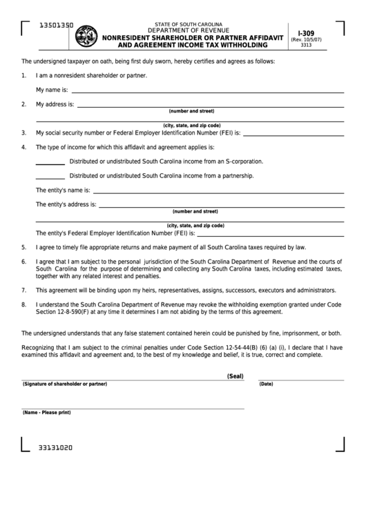 Form I309 Nonresident Shareholder Or Partner Affidavit And Agreement
