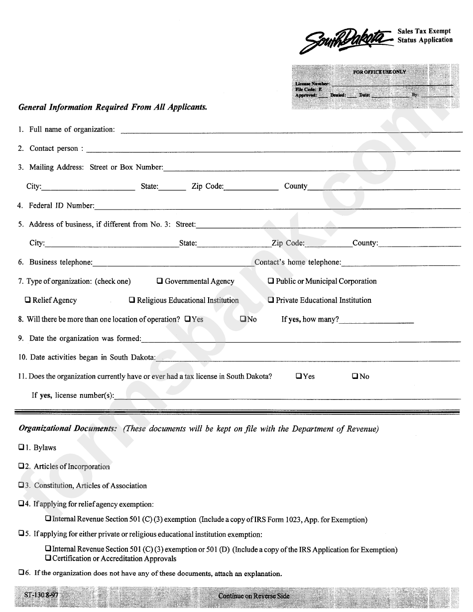 Form St130897 Sales Tax Exempt Status Application printable pdf