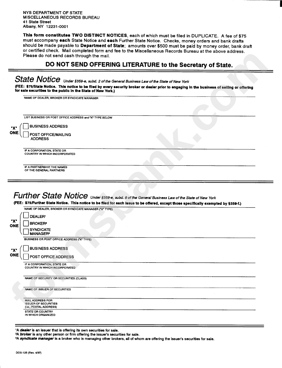 Form Dos125 State & Further State District Notice New York
