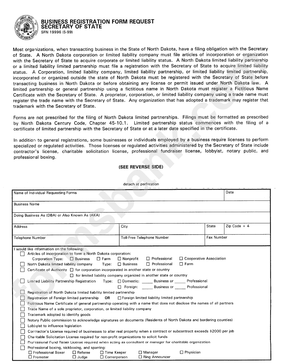 Form Sfn 19996 Business Registration Form Request North Dakota