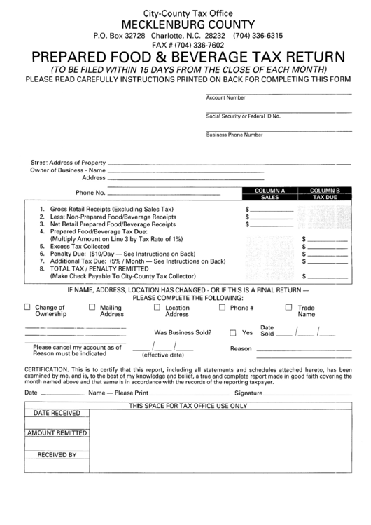 Prepared Food & Beverage Tax Return Mecklenburg Country printable pdf