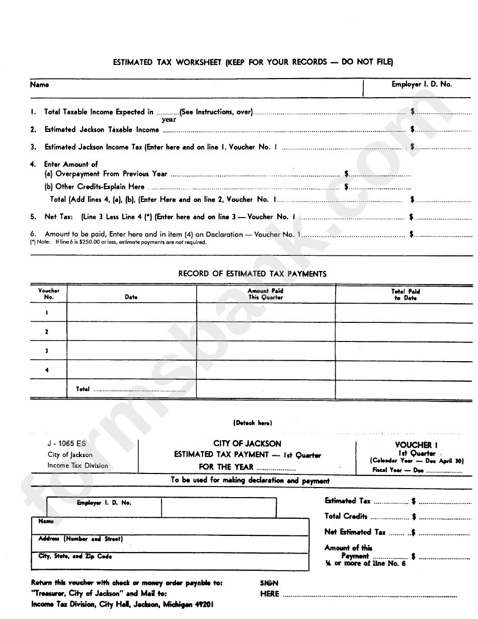 Form J1065 Es Estimated Tax Payment City Of Jackson printable pdf