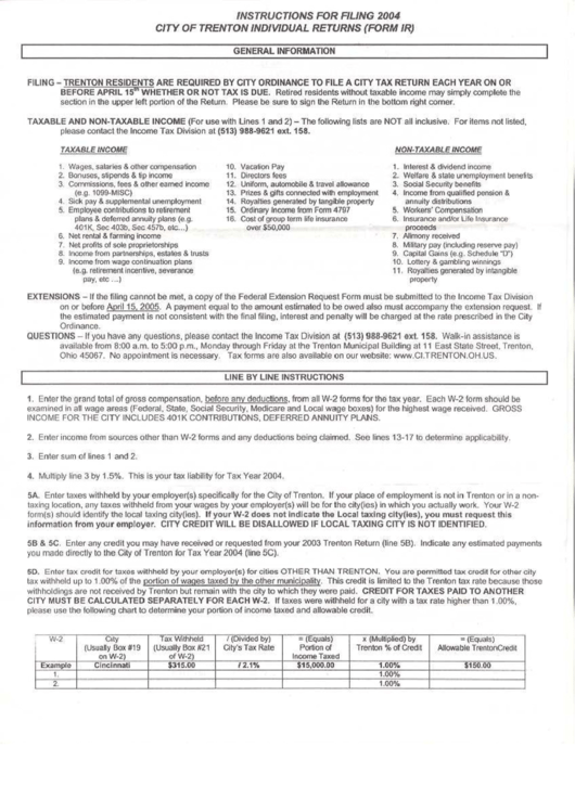 Form Ir Instructions For Filing City Of Trenton Induvudual Returns