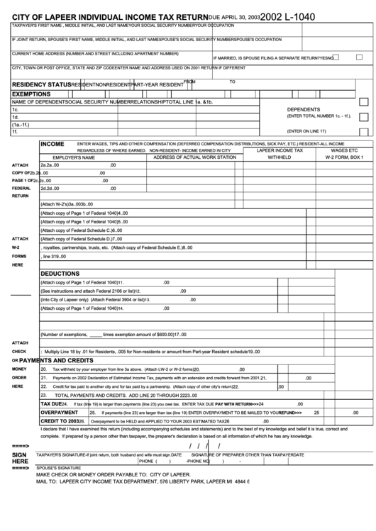Form L1040 Individual Tax Return City Of Lapeer 2002