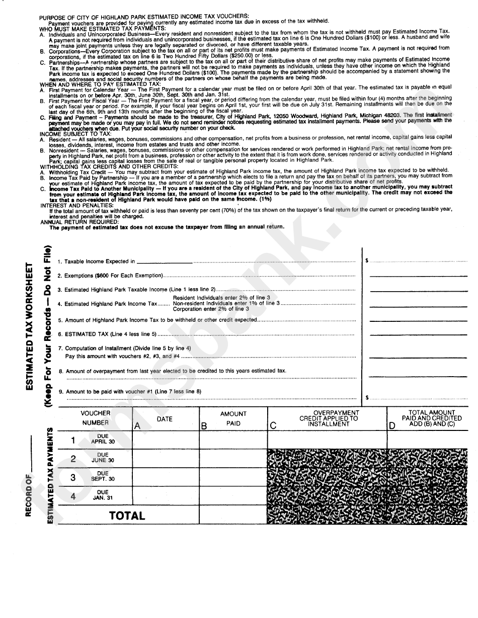 Estimated Tax Worksheet City Of Highland Park printable pdf download