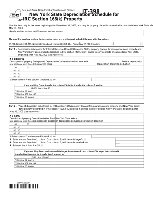 Fillable Form It398 New York State Depreciation Schedule For Irc Section 168(K) Property