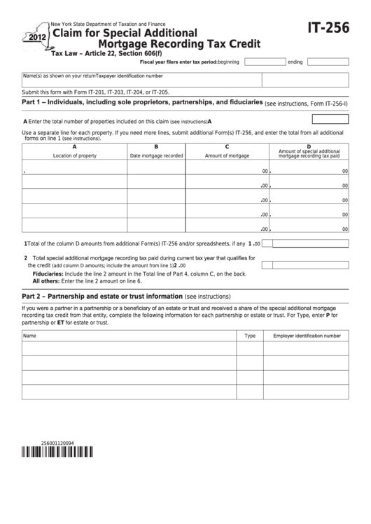 Fillable Form It256 Claim For Special Additional Mortgage Recording
