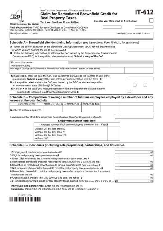 Fillable Form It612 Claim For Remediated Brownfield Credit For Real