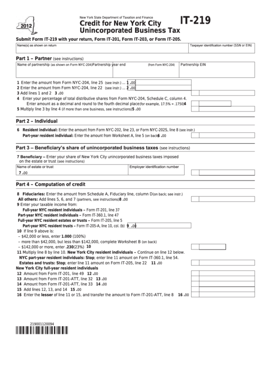 Fillable Form It219 Credit For New York City Unincorporated Business