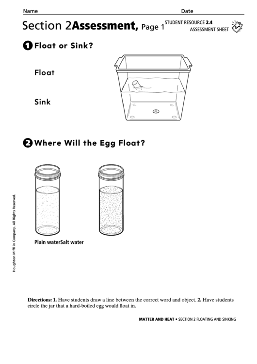 Floating And Sinking Matter And Heat Assessment Sheet printable pdf download