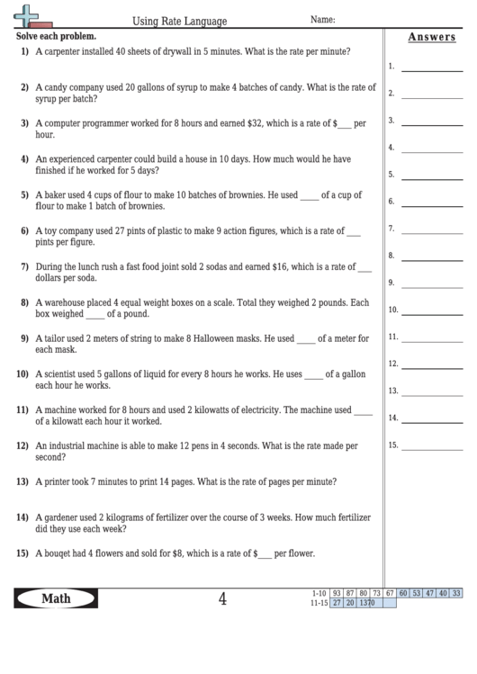 Using Rate Language Math Worksheet With Answers printable pdf download