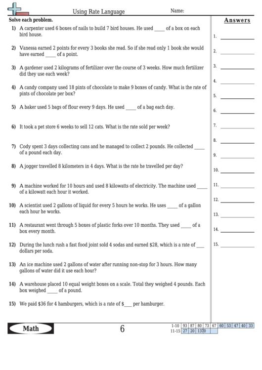 Using Rate Language Math Worksheet With Answers printable pdf download