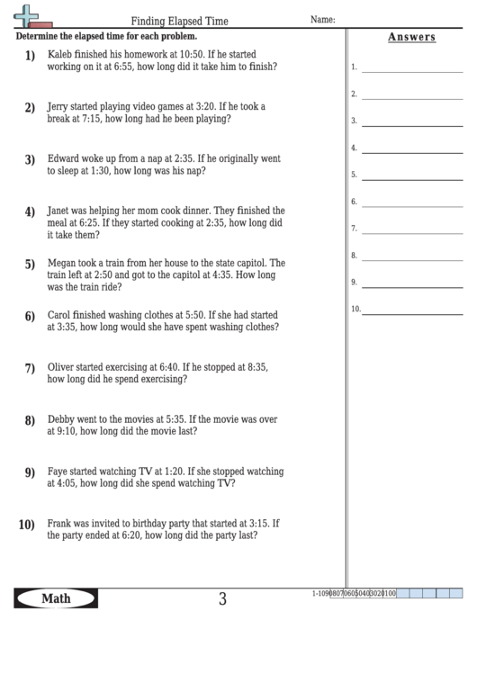 Finding Elapsed Time Math Worksheet With Answers printable pdf download