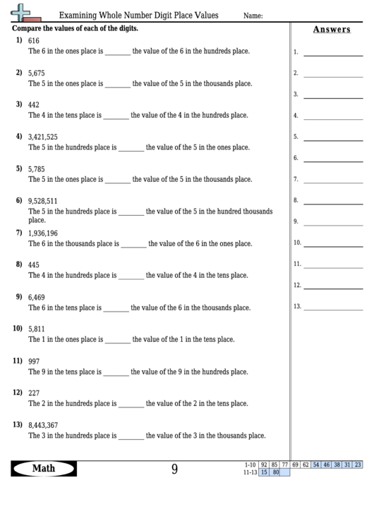 Examining Whole Number Digit Place Values Math Worksheet