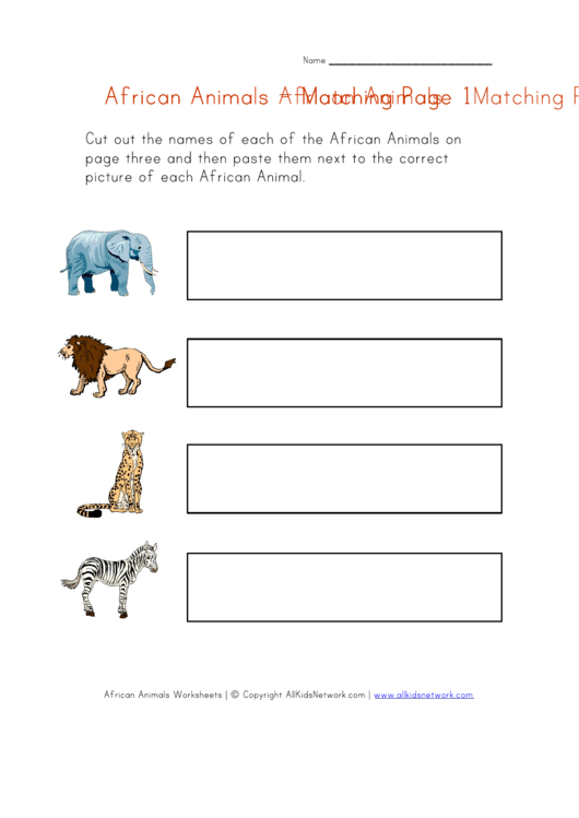 African Animals Matching Worksheet printable pdf download