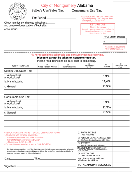 Fillable Seller'S Use/sales Tax & Consumer'S Use Tax City Of Montgomery, Alabama printable pdf
